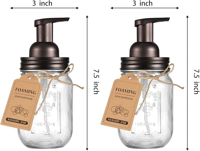 Amolliar Mason Jar Foaming Soap Dispenser, Rustproof Stainless Steel Lid, BPA Free Foam Pump, Waterproof Labels, Rustic Farmhouse Decor Refill Hand Soap Dispenser Bathroom Accessories– Bronze (2 Pack)