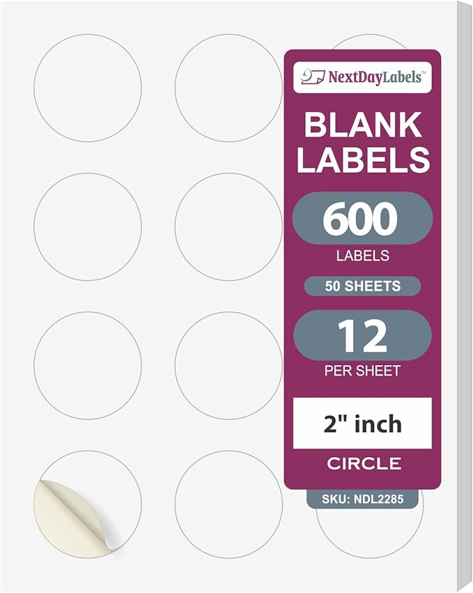 NextDayLabels 2 Inch Round Circle Stickers White for Bleeds Laser Inkjet - 12 Per Sheet Self-Adhesive Candle Jar Product Lids Made in USA - 600 Labels