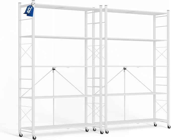 ALANNG 40" W Foldable 5-Tier Storage Shelves on Wheels Adjustable | Removable Metal Rack, Heavy Duty Rolling Organizer for Kitchen, Garage, Closet, Pantry, and Office (White,2 Pack)