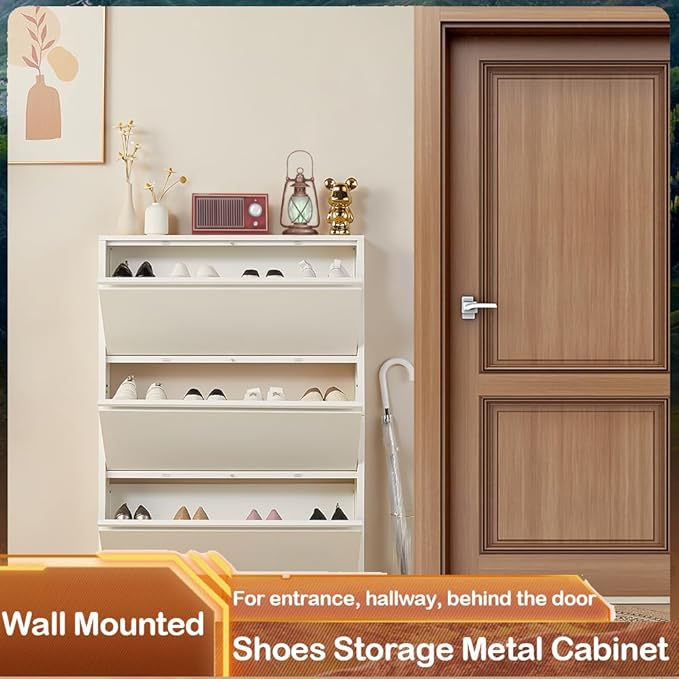 Shoe Storage Cabinet with 3 Flip Drawers, Hidden Slim Narrow Shoe Rack Cabinet, Wall Mount Metal Shoe Cabinet for Entryway, White