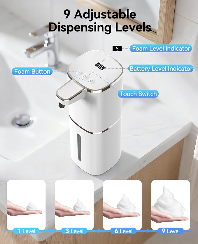 Luxspire 420ml Automatic Foaming Soap Dispenser for Bathroom, White | Touchless foam soap dispenser, IPX5 waterproof, 9 foam levels, LED power display fits hand soap dish wash body wash