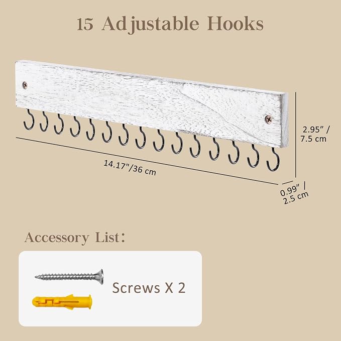 Lolalet Wooden Necklace Holder for Wall with 15 Hooks -Vintage | Wall Mount Jewelry Hangers for Necklaces, Chains, Bracelets and Earrings, Tangle-free, Easy to Install