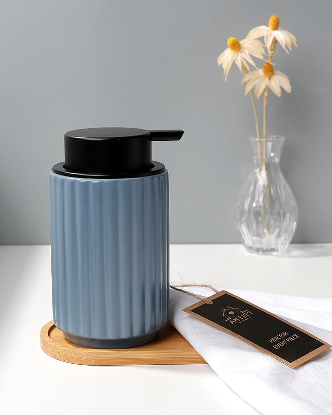 Soap Dispenser, Liquid Ceramic Refillable Hand Soap Pump for Bathroom Kitchen, 10.5OZ Lotion Dispenser Dish Soap Dispenser, Gray Blue, Modern Stripe Design, ANTIS'S HOME