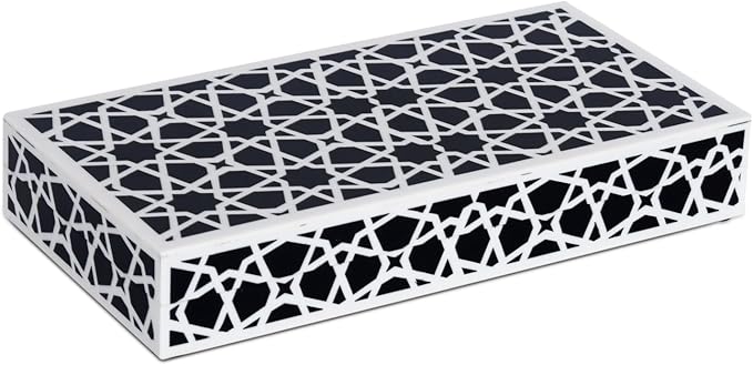 Handicrafts Home Large Decorative Storage Box with Lid, Black and White Moroccan Zellij Coffee Table Storage Box, Remote Control Holder, Keepsake Box for Living Room & Shelf Decor, Zellij 12 x 6 x 2