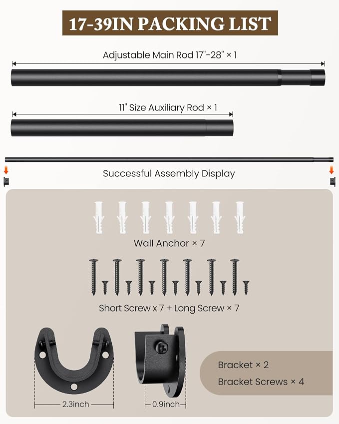 Closet Rod, 17-39 IN Closet Rods for Hanging Clothes, Black | Stepless Adjustable, Supports up to 66 lbs, Multiple Size Options, Easy Installation, Multi Purpose, Wall-Mounted