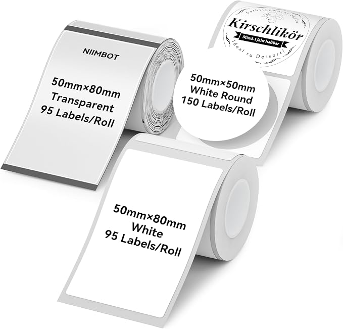 NIIMBOT Thermal Label Tape 3 Rolls, Compatible with B1 B21 B31 Label Maker | Multi-Size Pack, 50x80mm White, 50x80mm Clear, 50x50mm Round | for Address, Jar, Gift, Logo & File Organization Stickers