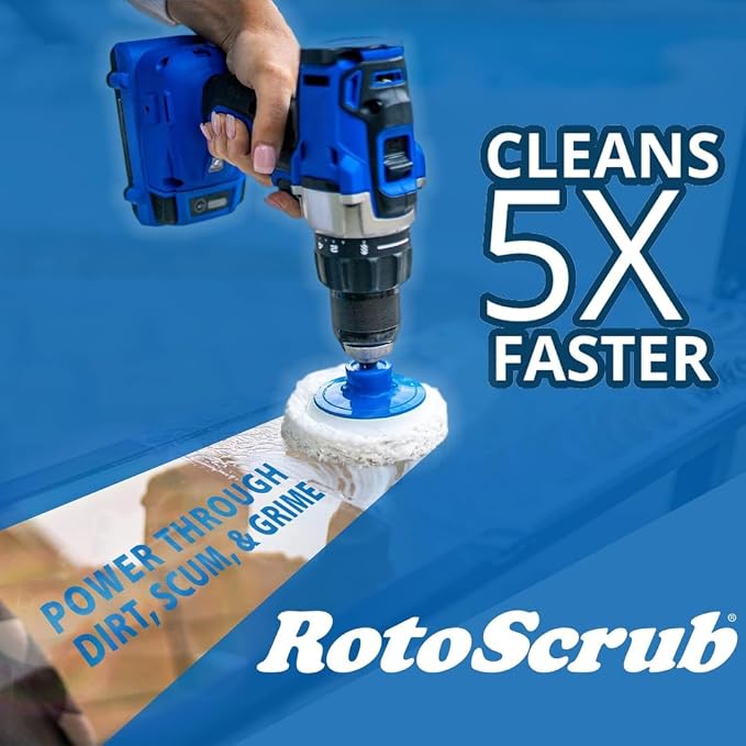 RotoScrub 7 Pack Drill Brush Set for Deep Cleaning, Scratch Resistant, Bathroom, Oven, Countertops, Sinks, Soap Scum, Tile, Boats, Patio Furniture & More | 6 reusable non-scratch white nylon pads for showers, tubs, tile, grout, sinks and counters; fits...