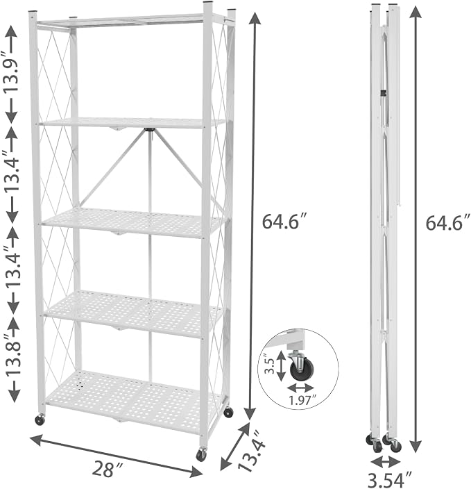 5 Tier Folding Shelf with Wheels | No Assembly, Portable,Suitable for kitchen, bedroom, living room, garage,64.6*28*13.4in