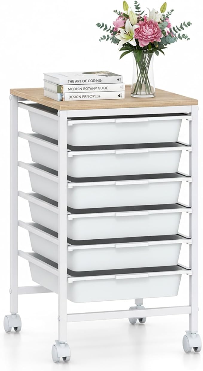 LDAILY Rolling Cart with Drawers, 6 Drawer Rolling Storage Cart with Wooden Tabletop, Metal Frame & Lockable Wheels, Craft Organizers and Storage for Home Office Classroom (White, 6 Drawer)
