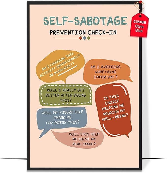 LOLUIS Mental Health Poster, Boho Therapy Tools Educational Supplies Art Print Classroom School Office Decor (Self-Sabotage Prevention Check-in, Custom Frame Type)
