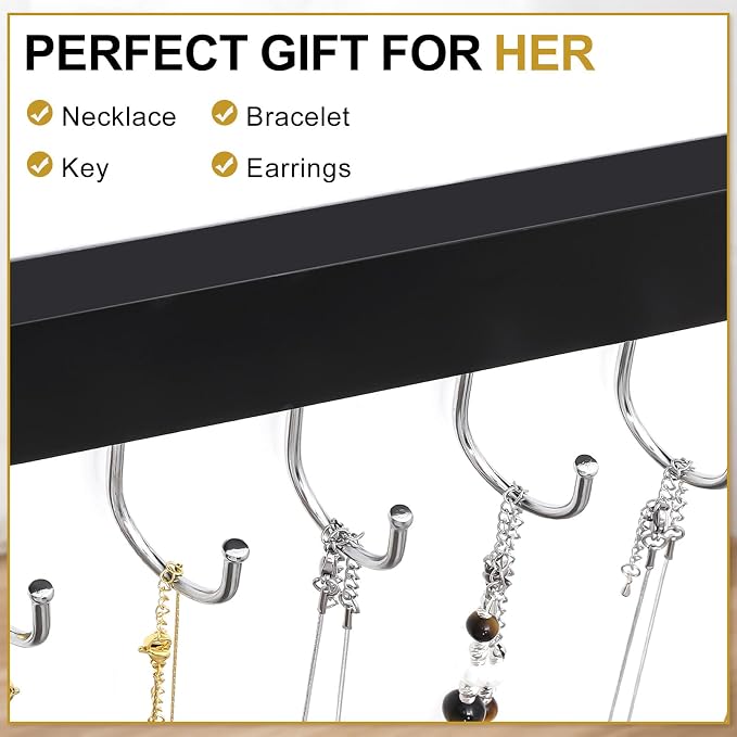 Dntorx Hanging Jewelry Organizer, 2 Pack Necklace Holder for Wall Wooden Necklace Organizer Hangers Wall Mount with 24 Hooks Jewelry Display Hangers for Necklaces, Bracelets, Earrings, Keys