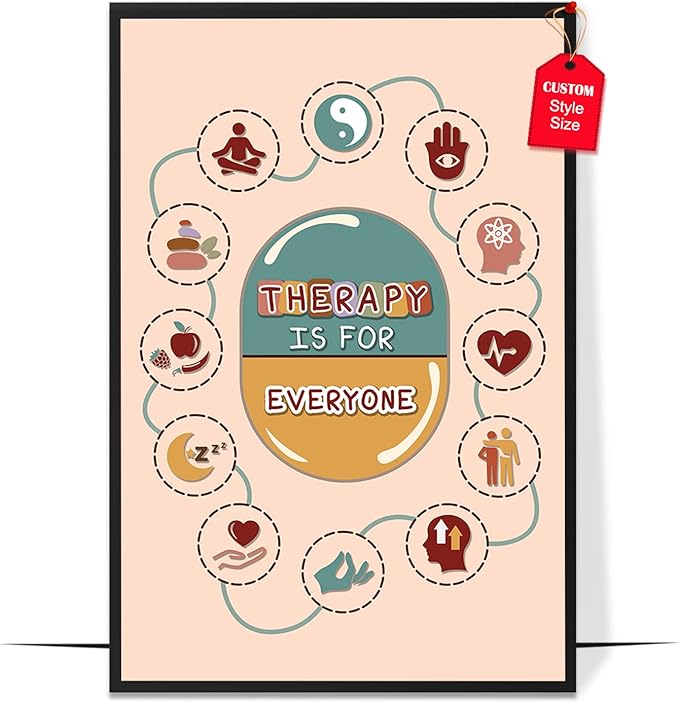 LOLUIS Mental Health Poster, Boho Therapy Tools Educational Supplies Art Print Classroom School Office Decor (Therapy is For Everyone, Custom Frame Type)