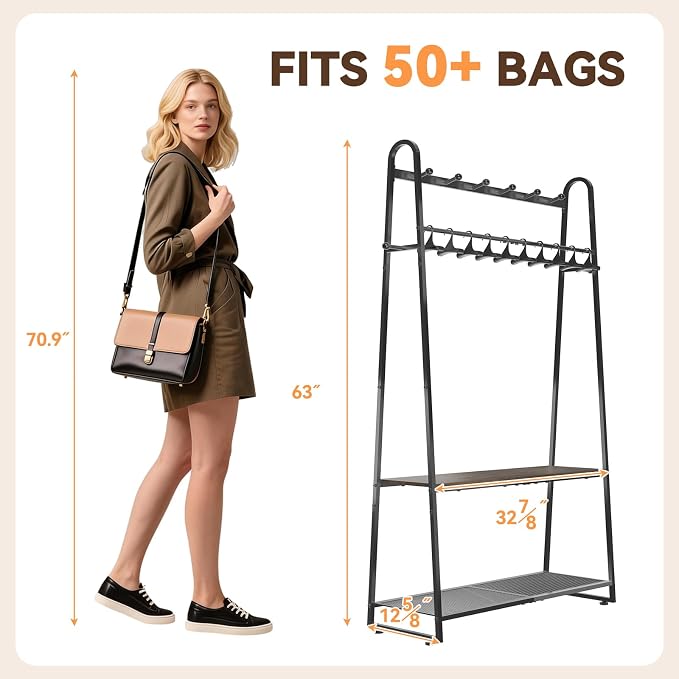 KAFAHOM Purse Organizer for Closet, Purse Rack - Tall Purse Shelf with 8 Hooks & 10 Removable Hangers to Hold Handbags, Backpacks, Pocketbooks., Perfect Purse Display Stand & Storage Tree,Black