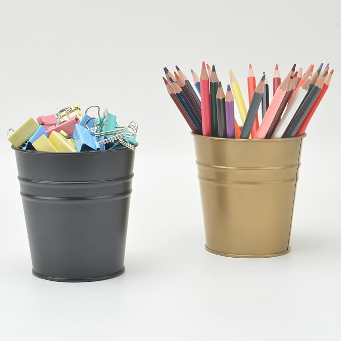 Pen Holder Cup For Desk Pencil Holder Metal Marker Pen Organizer Storage Small Tinplate Flower Pot Succulent Bucket Planters for Office Home - 2 Pack (Blue)