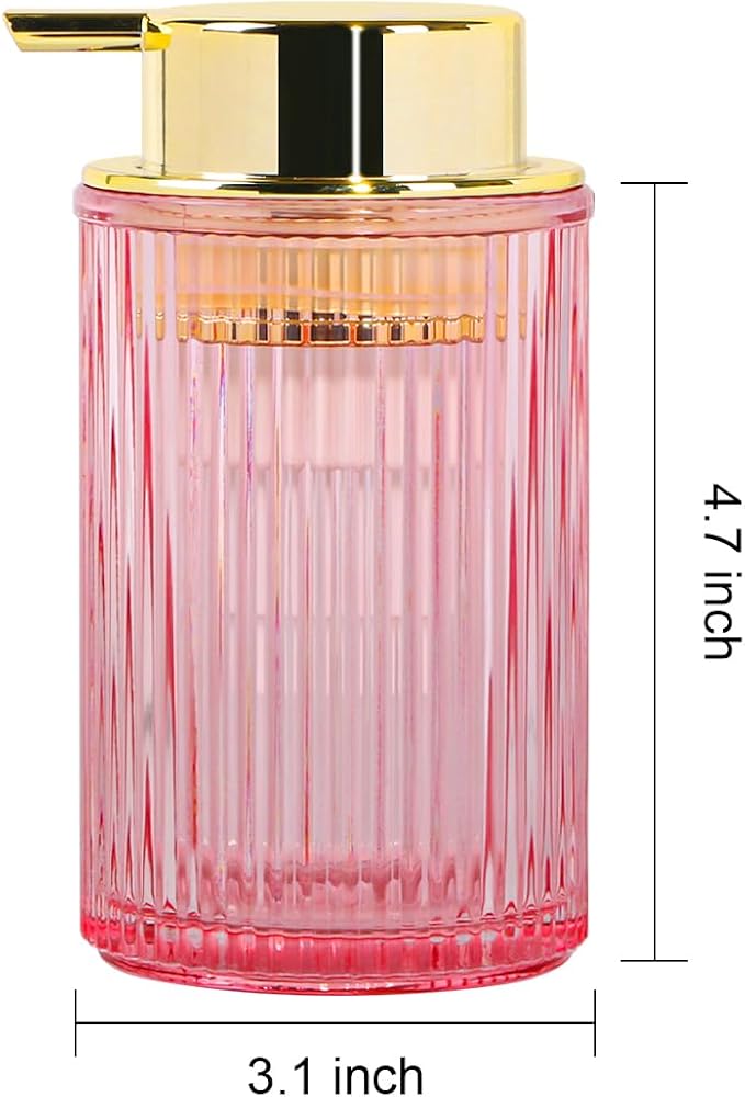 Foaming Soap Dispenser, 12 Oz Pink Glass Foam Hand Soap Dispenser, Refillable Glass Foam Pump Bottle Container Decorative Slim Ribbed Bottle for Bathroom and Kitchen