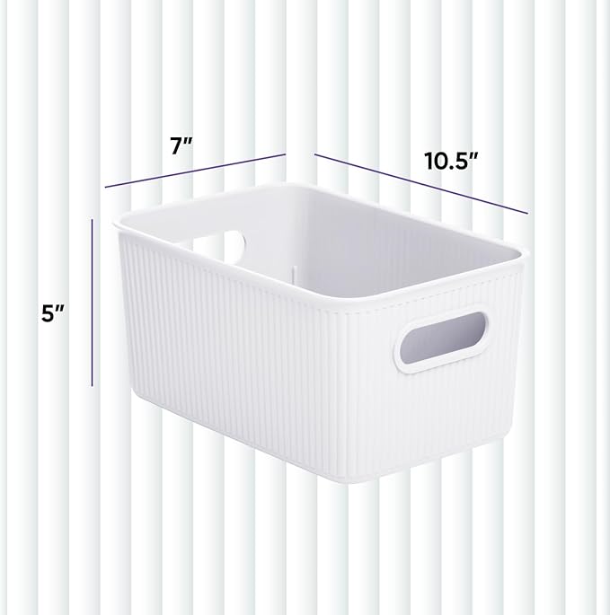 Superio Ribbed Collection - Decorative Plastic Basket Open Home Storage Bins Organizer, Medium White (4 Pack) Container Boxes for Organizing Closet Storage Bins for Shelves Drawer Shelf 5 Liter