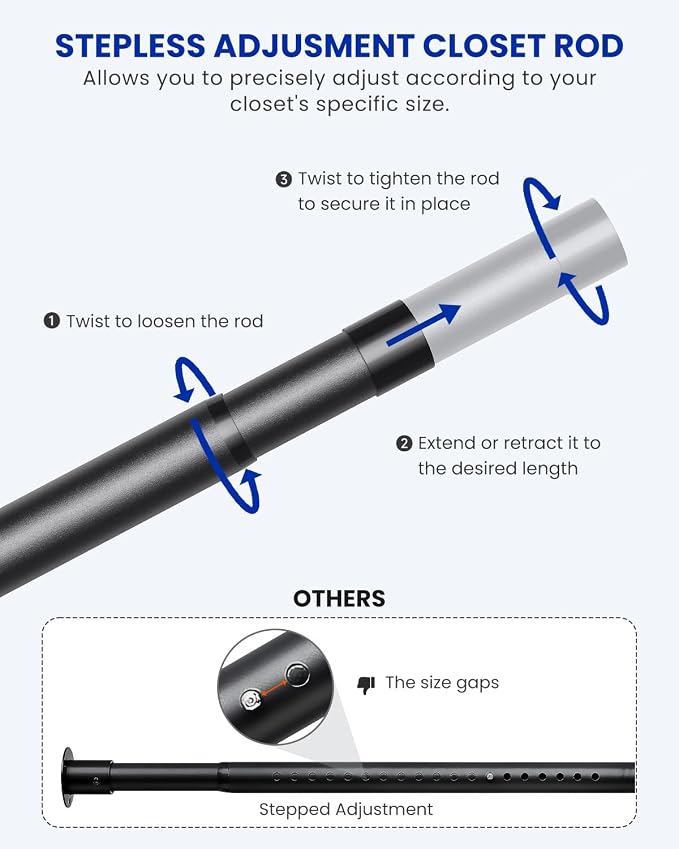 Supforce 2 PACK Closet Rods for Hanging Clothes, 17 to 39 Inches Stepless Adjustable Metal Closet Rod, 1.3 Inches Heavy Duty Clothes Hanging Rod for Closet Wardrobes Laundry RV, Black