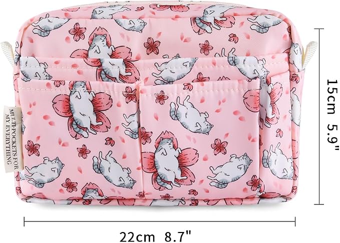 E-WEICHEN Multiple Pockets Portfolio Organizer with Zippered, Makeup Bag Travel Essentials for Women, Simple Waterproof Stationery Pencil Pouch Bag for Journal Office Art Supplies.Pink Cat
