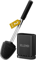 Sellemer Silicone Toilet Brush, Ventilation Slots Base Holder 2 Pack, Black | Flexible Bristles Flat Head for Rim, Hair Tangle-Free, Easy to Clean, Compact Design, Rustproof Handle, for Toilet/Sink/Tub