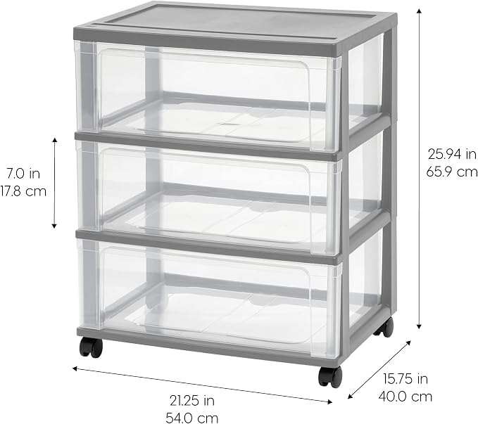 IRIS USA Plastic Drawer Storage Organizer Rolling Cart, with Wheels Casters, 3-Drawers, for Art Craft Supplies Bathroom Dorm Bedroom Laundry Room, Wide, Gray