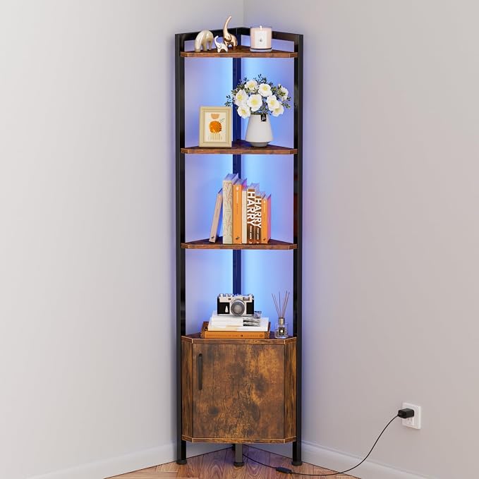 Furnulem Corner Shelf Cabinet,Corner Bookshelf with Storage and LED Light | Wall Shelf Unit,62.8”Tall Wood Display Shelves for Bedroom,Living Room,Kitchen,Metal Frame,Easy to Assemble