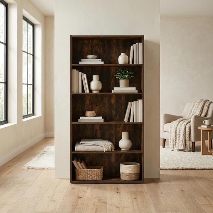 Furnifact Amber Pine 5-Tier Open Shelf Bookcase, Versatile Display and Storage, Wooden Construction for Home and Office, Stylish Durable Design