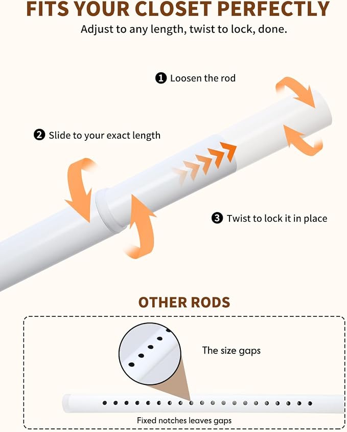 Closet Rods for Hanging Clothes, 18” to 48” Adjustable Closet Rod, Heavy Duty Closet Rod with Stainless Steel, Hanging Closet Rod for Laundry Rooms, RVs, Wardrobes, White