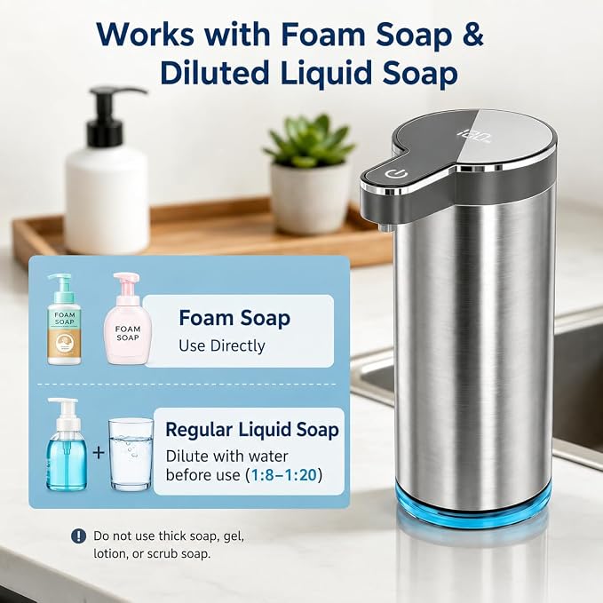 Automatic Foaming Soap Dispenser, Touchless Rechargeable Soap Dispenser for Kitchen & Bathroom, Stainless Steel, 4 Adjustable Foam Levels, USB-C, Waterproof, 12oz/350ml