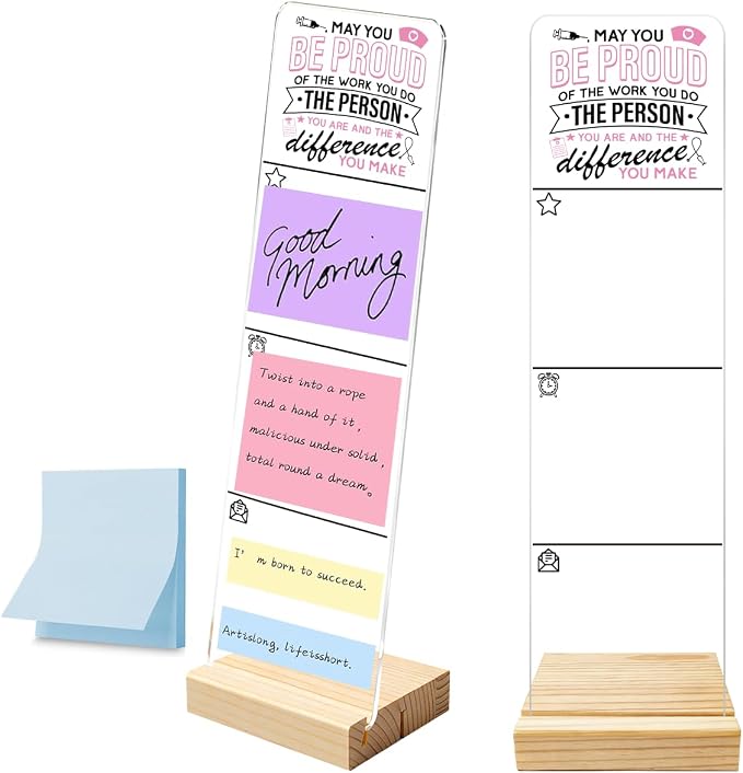 Sticky Note Holder, Monitor Memo Board, Acrylic Post It Note Holder with Wooden Base, Includes 100 Notes, Inspirational Nurse Desk Organizer, Nurse Quote “May You Be Proud of The Work You Do”