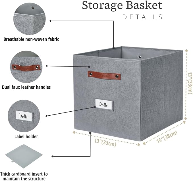 DECOMOMO Storage Baskets, 13x15x13 Storage Cube Bins with Labels for Organizing Shelves (Kallax / 4pcs, Texture Grey)