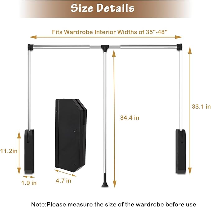 Pull Down Closet Rod Stainless Steel 35"-48"Adjustable 60 lbs | Wardrobe Lift Rail Rod,Side & Back Mounted Closet Pole for Waredrobe & Hanging Clothes,with Hydraulic System