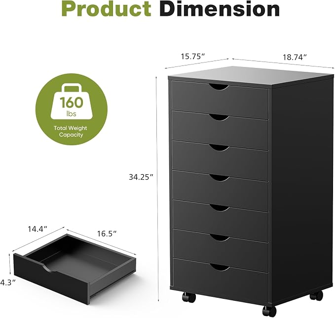 Sweetcrispy 7 Drawer Storage Cabinet, Rolling Wood Under Desk Drawer with Wheels, Small Mobile Organizer Dresser Chest for Home Office, Bedroom, Rolling Vertical Organizer for Home Office, Dark