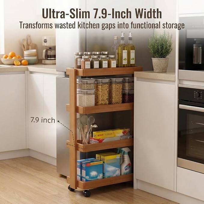 4-Tier Narrow Side Table with Wheels, Solid Wood Slim Rolling Storage Cart, Skinny End Table for Small Spaces, Moving Utility Shelf Organizer for Living Room, Bedroom, Kitchen, Bathroom