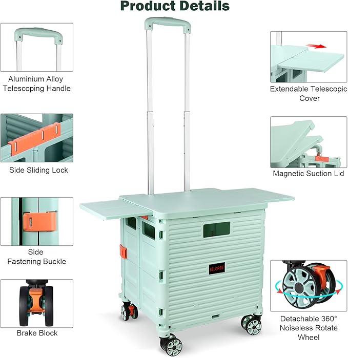 Foldable Utility Cart Collapsible Portable Crate Rolling Carts with Wheels Tote Basket with Magnetic Lid Telescopic Cover Wear-Resistant 360°Rotate Wheel Noiseless for Shopping Storage Office Use