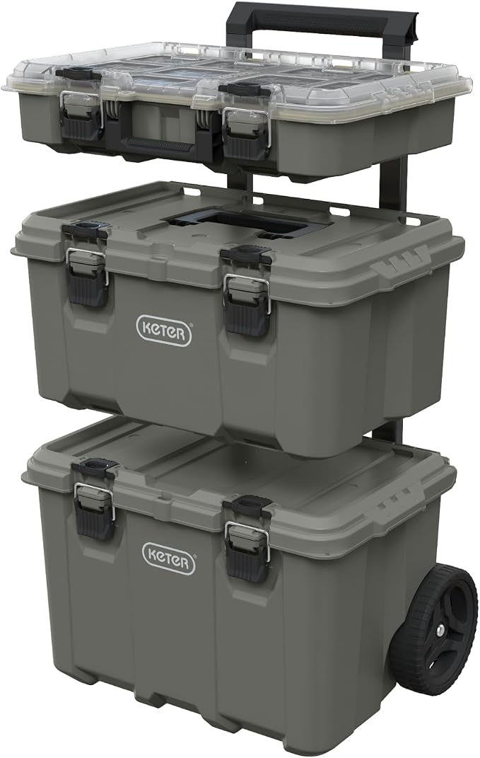 Keter Stack-n-Roll Modular Tools Organizer for Garage Storage and DIY, 3 Piece Resin Rolling Tool Box System for Small Parts