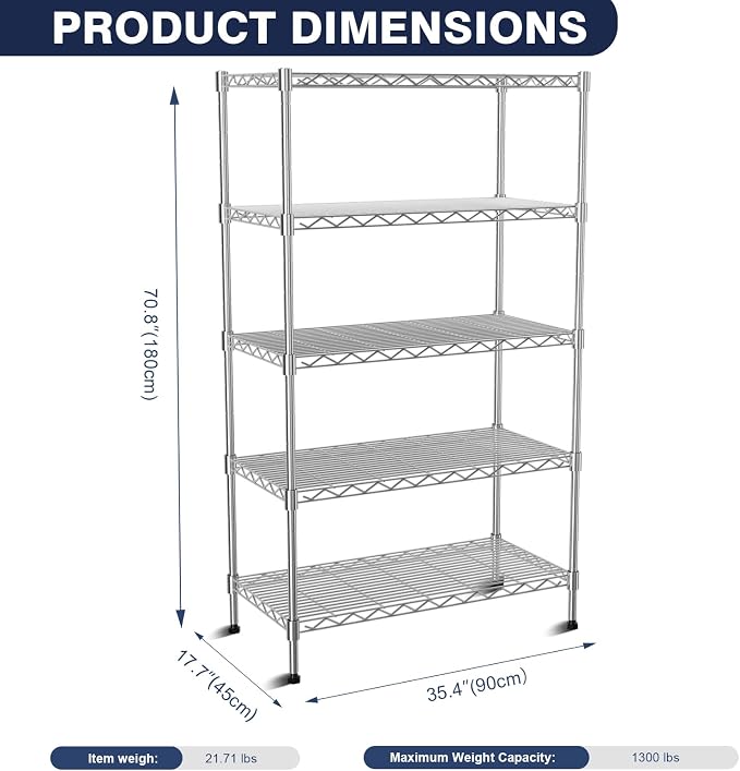 5-Tier Heavy Duty Metal Shelf,Chrome Wire Shelving Unit 35"Wx18Dx71H | Height Adjustable Storage Wire Shelves with Lockable Wheels for Garage,Kitchen,Office,Bathroom,Studio