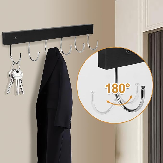 2 Pack Coat Rack Wall Mount with 12 Rotating 180° Coat Hooks, 14.6" Rustproof Wooden Entryway Organizer, Wall Hooks for Hanging Coats, Purse, Hats, Jackets, Towels, Space Saving Hanger (Black)