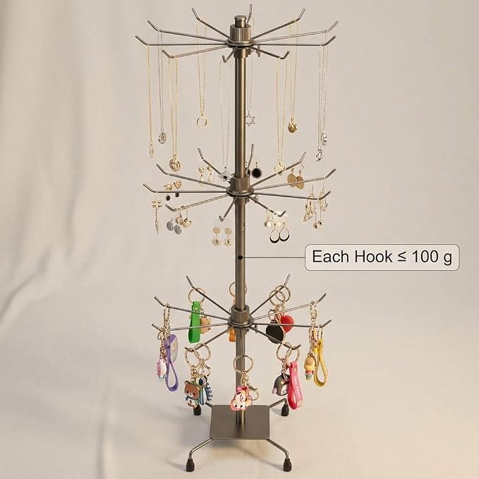QWORK 3-Tier Rotating Metal Jewelry Display Stand – 2 Sets Adjustable Tabletop Holder for Necklace, Earring & Key Ring