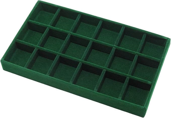 Velvet Jewelry Organizer Trays Dark Green Stackable Jewelry Storage Display Tray with Removable Dividers, 18 Grids