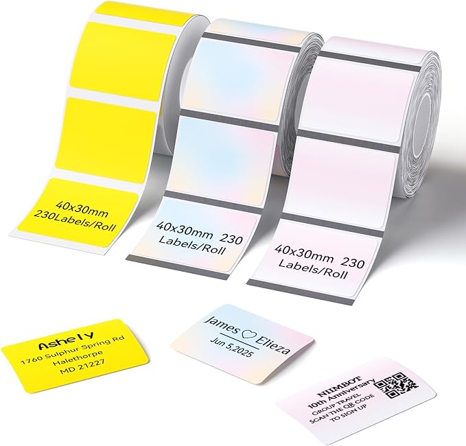 NIIMBOT 3 Roll Set Labels, 40x30mm, Fluorescent Yellow/Blue/Pink | Compatible with B1/B2/B21, for Thank You Sticker, Kitchen Jar, Item Name, for Home Shool Small Business Oragnization