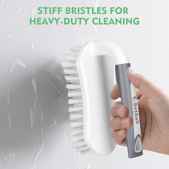 SetSail Scrub Brush, Heavy-Duty Scrub Brushes for Cleaning Gray White | Heavy-Duty Scrub Brushes for Cleaning Shower, Bathroom, Carpet, Kitchen and Bathtub Scrubber - 4 Pack