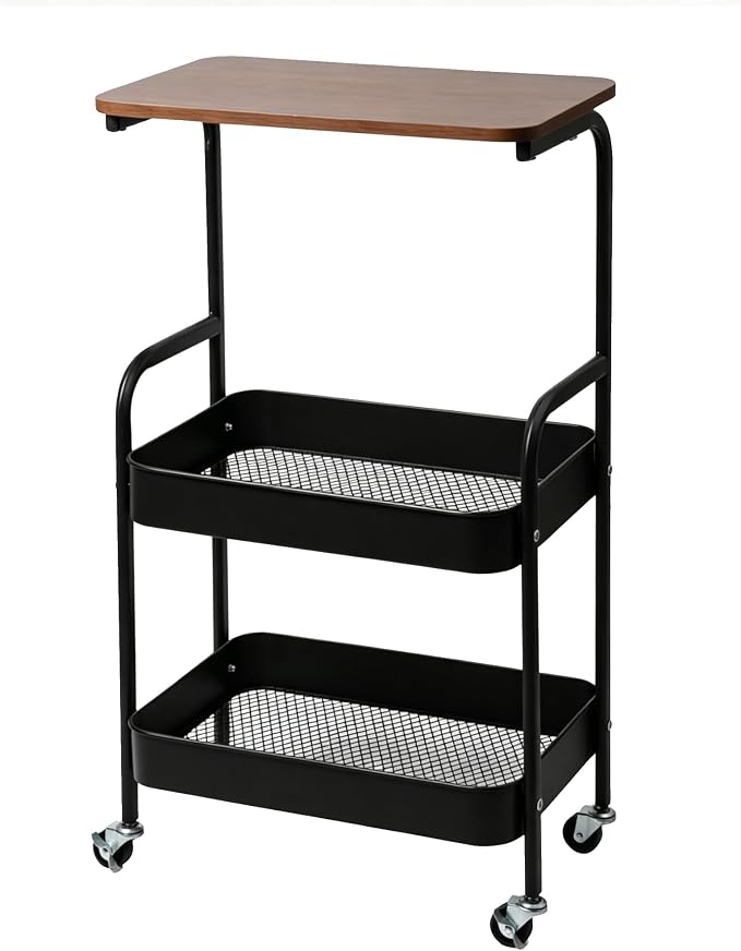 3-Tier Metal Rolling Utility Cart with Walnut-Textured Top on Wheels Craft Cart and Side Table for Bedside, Kitchen, Office, Bathroom & Craft Room