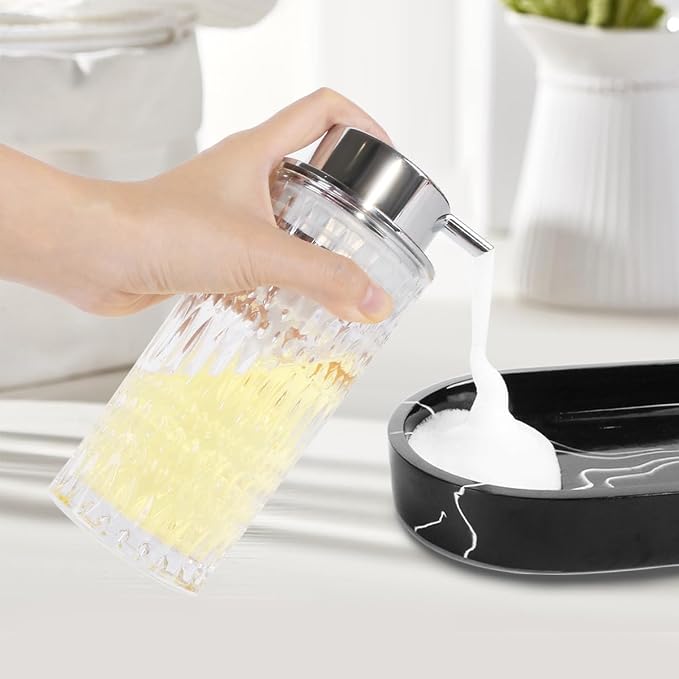 Foam Soap Dispenser, Glass Foaming Hand Soap Dispenser with Pump, 14 Oz Bathroom Refillable Liquid Lotion Pump Bottle Container for Kitchen Countertop Decor (1, Clear Silver)