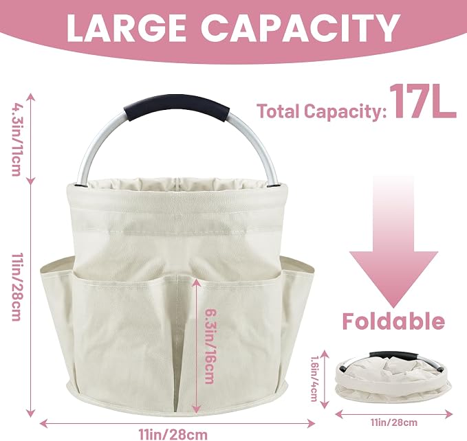 Cleaning Caddy with Handle, 17L Cleaning Supplies Organizer, Off-White | 600D Oxford Fabric Storage Basket with 6 Pockets, Multifunctional Bucket Bag for Picnics, Camping, Gardening, Bathing