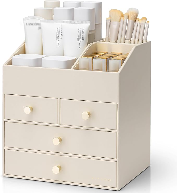 VLANDO Makeup Organizer,Vanity Organizer with Drawers, PU Leather Skincare Organizer Perfume Organizer,Large Cosmetic Display Case for Lipstick,Brushes Gifts for Women, Beige, 4 Layer