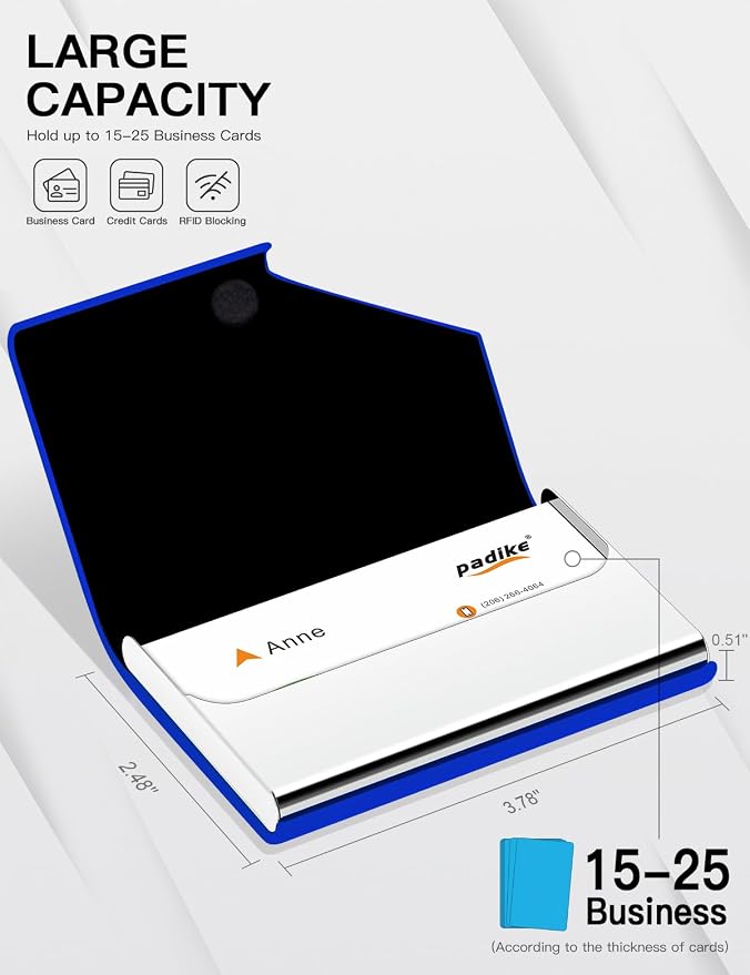 Padike Business Card Holder, Upgraded Leather Business Card Case Pocket Card Holders for Men or Women, Metal Slim Name Card Holder RFID Blocking Business Card Carrier with Magnetic Closure (Y-BU)