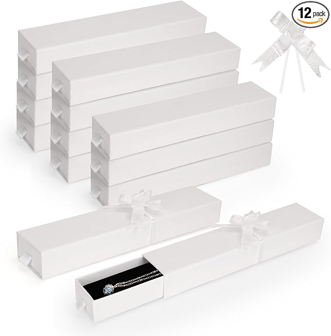 12-Pack Drawer Style Jewelry Gift Boxes with Sponge Insert, 8.7"x1.8"x1.2" Necklace & Bracelet Display Box for Presentation, Cardboard Storage Organizer for Pendant, Ring, Earring - White