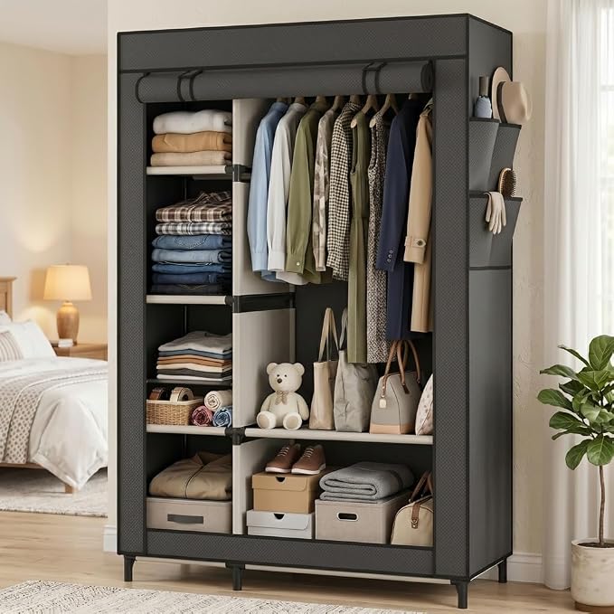 Calmootey Portable Closet Organizers, Clothing Storage, Wardrobe with 6 Shelves and Hanging Rod, Non-Woven Fabric Cover with 4 Side Pockets, Black