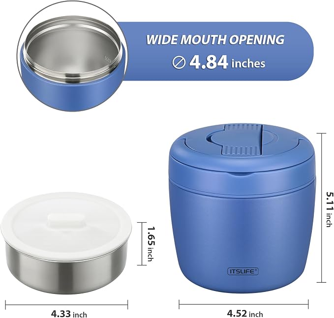 Itslife 32oz Insulated Soup Thermo, Vacuum Stainless Steel Food Jar for Hot & Cold Food, Leakproof Wide Mouth Lunch Container with Spoon (Blue)