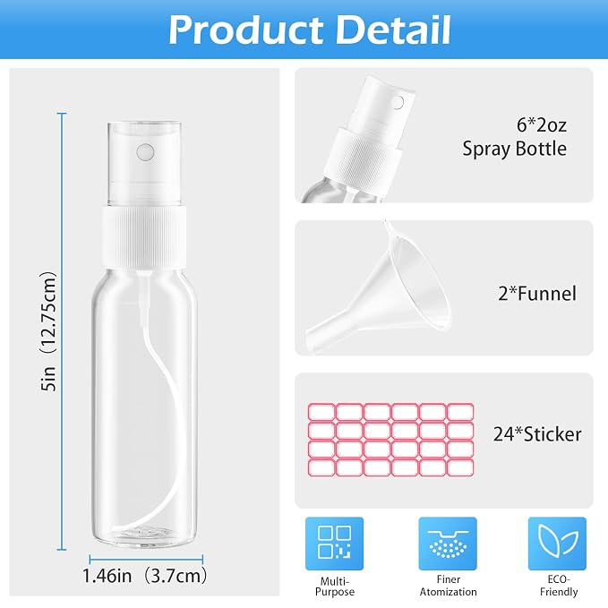 Zoizocp Spray Bottles, 2.7oz/80ml Clear Empty Fine Mist Plastic Mini Travel Bottle Set, Small Refillable Liquid Containers with 2pcs Funnels and 24pcs Labels (6 Pack)